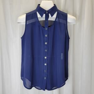 Pearl Navy Sleeveless Button Front Blouse with Neckline Cut-Outs, M